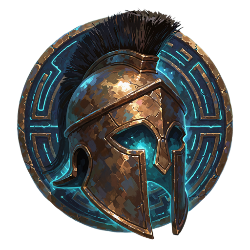 Bronzehjelm med hesteh&aring;rskam og cyanbl&aring; gl&oslash;d i &oslash;jnene som emblem for VIP-r&aelig;kken Recruit