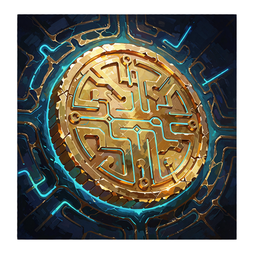 Tyk guldm&oslash;nt med lysende cyan labyrintrelief som symbol p&aring; kryptobetaling hos Mino Casino