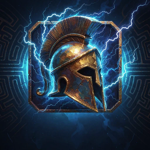 Gr&aelig;sk hjelm med kam omgivet af bl&aring; lyn som illustration til Hold & Win-slots hos Mino Casino