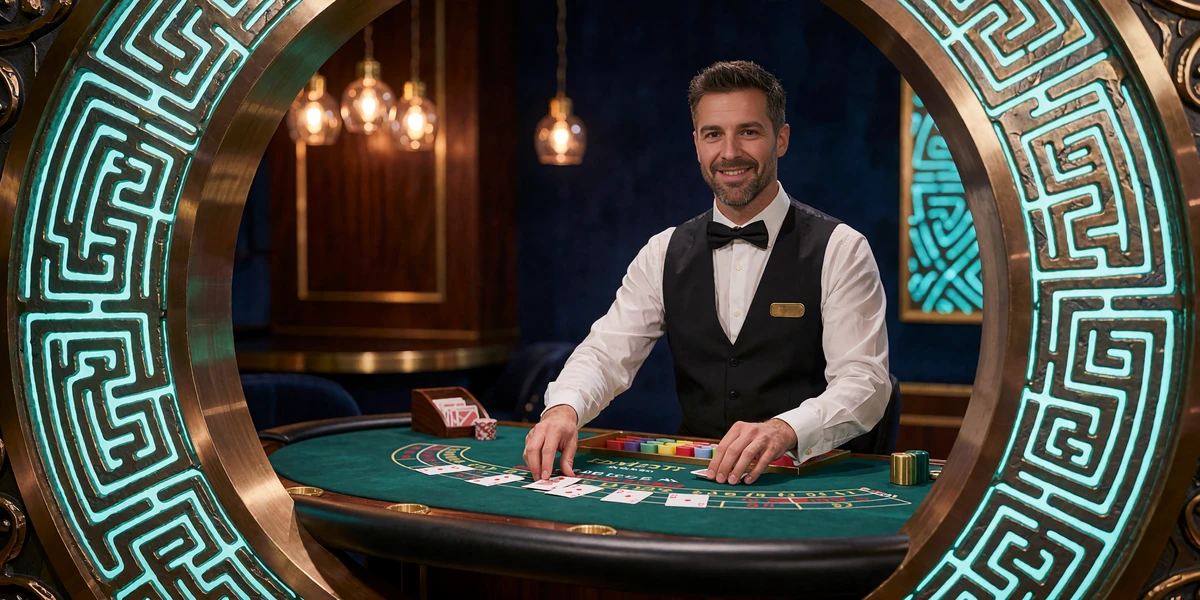Live baccarat-dealer i hvid skjorte og vest deler kort ved gr&oslash;nt bord set gennem bronzering med labyrintrelief