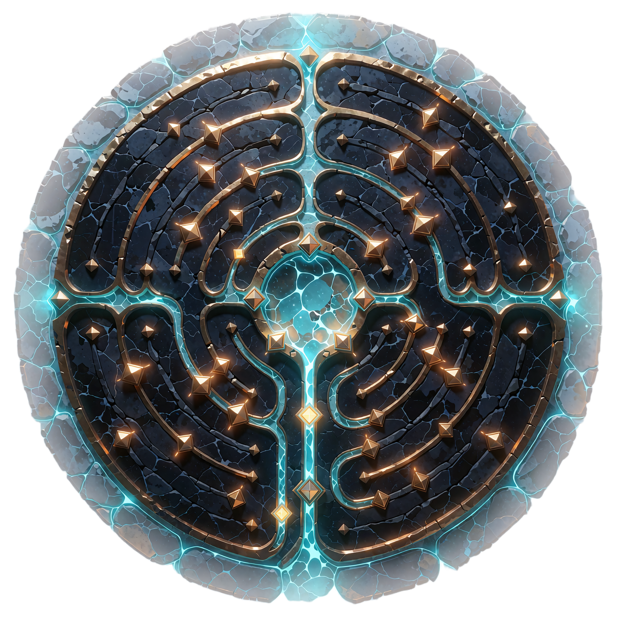 Labyrint set oppefra med lysende cyan sti og gyldne waypoint-juveler som illustration af Labyrinth Map-bonuskalenderen
