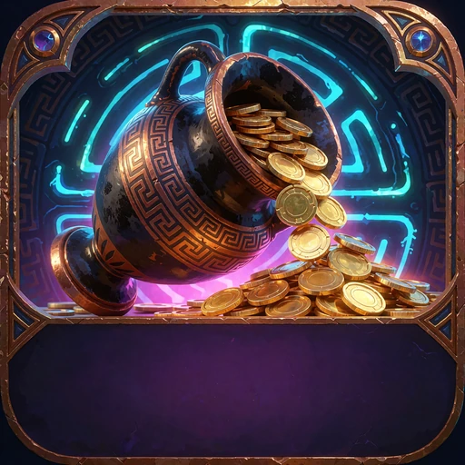 Sort og bronzefarvet amfora med meanderb&aring;nd, hvorfra guldm&oslash;nter v&aelig;lter ud mod violet baggrund, illustration af jackpot