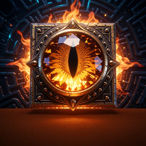 Rav-farvet &aelig;delsten formet som et &oslash;je i bronzeamulet p&aring; orange gl&oslash;dende baggrund, illustration af Hold The Spin