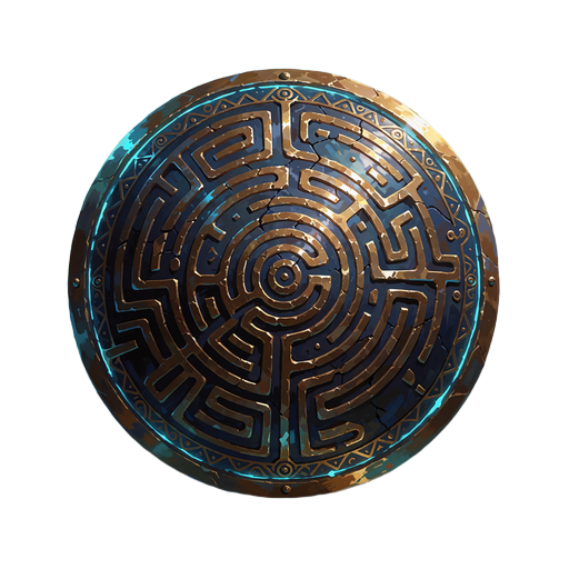 Rundt bronzeskjold med pr&aelig;get labyrintspiral og cyanbl&aring; kant som emblem for VIP-r&aelig;kken Guardian