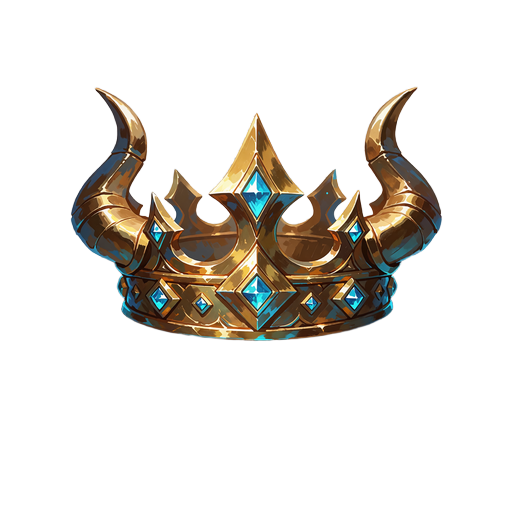 Gylden krone med to buede tyrehorn og lysende cyanbl&aring; &aelig;delsten som emblem for VIP-r&aelig;kken Immortal