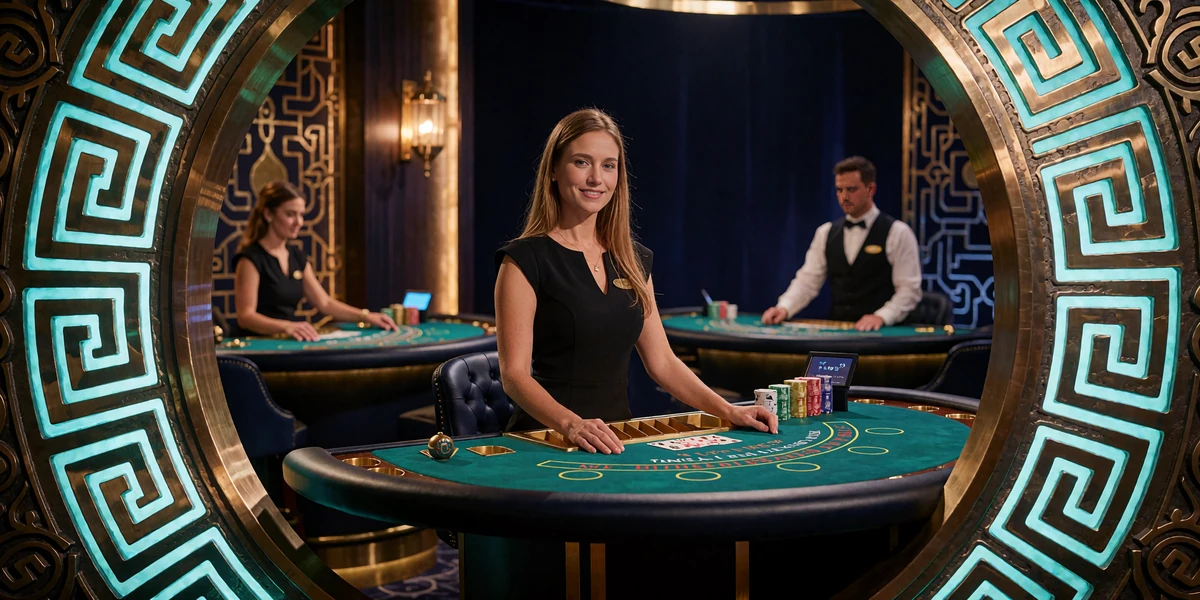 Live blackjack-dealer ved gr&oslash;nt bord set gennem bronzeramme med labyrintm&oslash;nster i Mino Casinos live casino